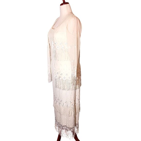 VTG Cattiva New York Cream Embroidered Lace Fringe Teired Dress w/ Jacket 8 - Picture 3 of 16